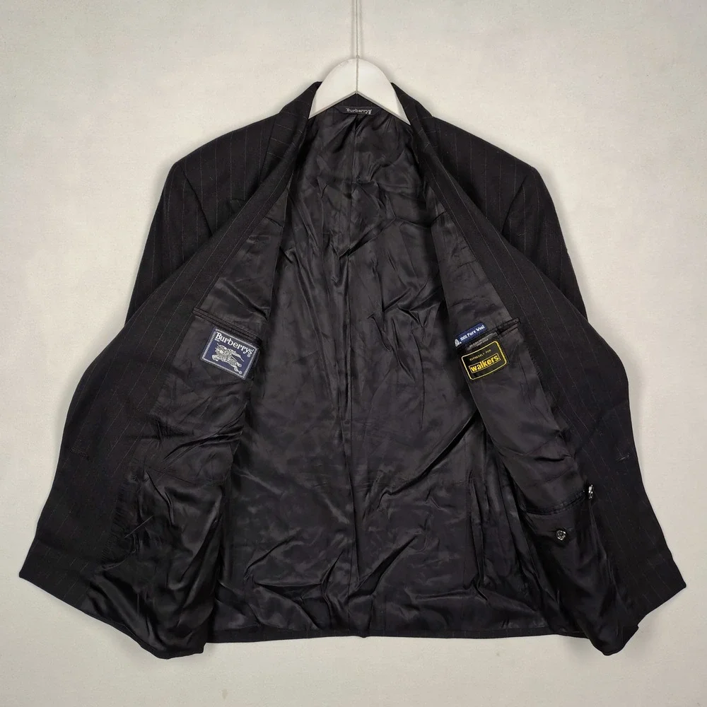 Burberrys Vintage Double Breasted Wool Pinstripe Blazer Jacket Navy Black